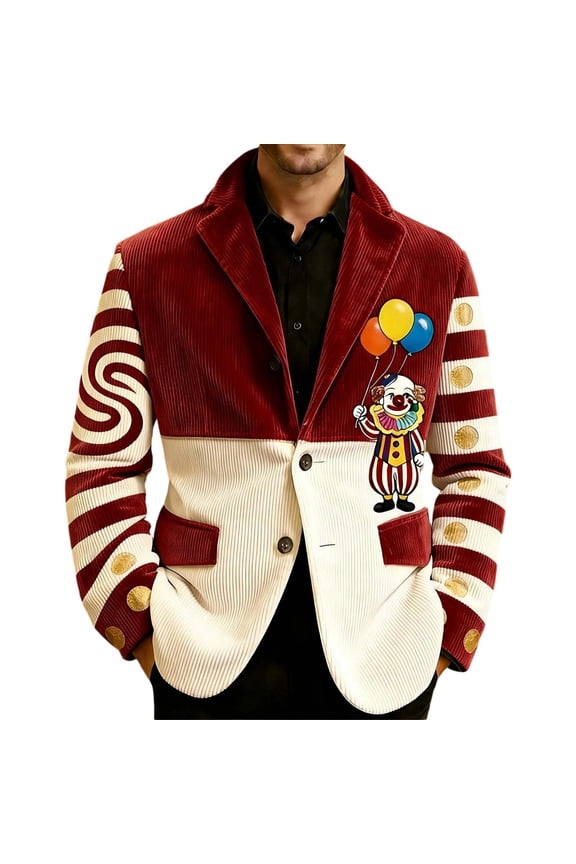 Mens Suit Jacket Elegant Velvet Corduroy with Circus Clown Print Design Casual Lightweight Sport Coat Daily Formal Outdoor Activities