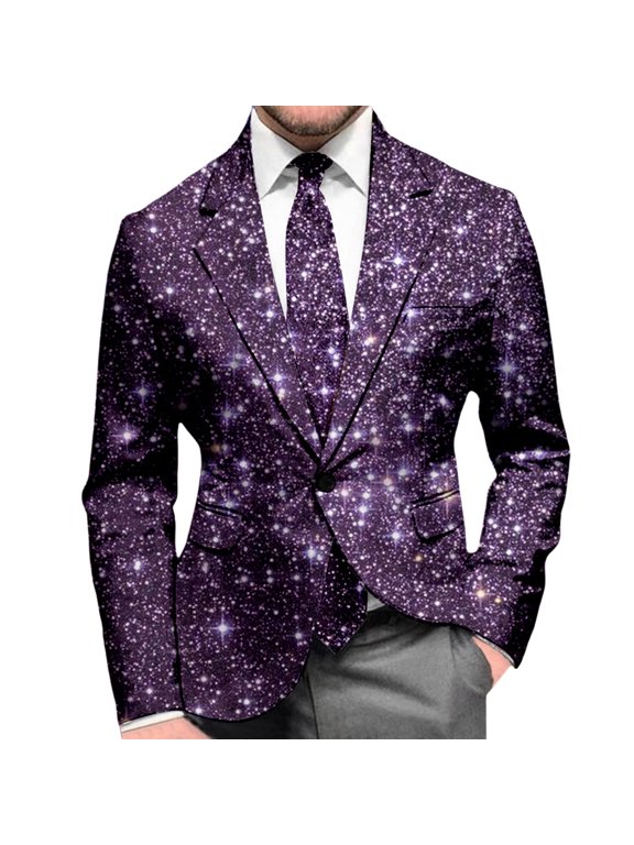 Mens Suit Jacket Sequin Print Long Sleeve Jacket Modern Tuxedo Alternative Casual Lightweight Sport Coat Travel Party Business Formal
