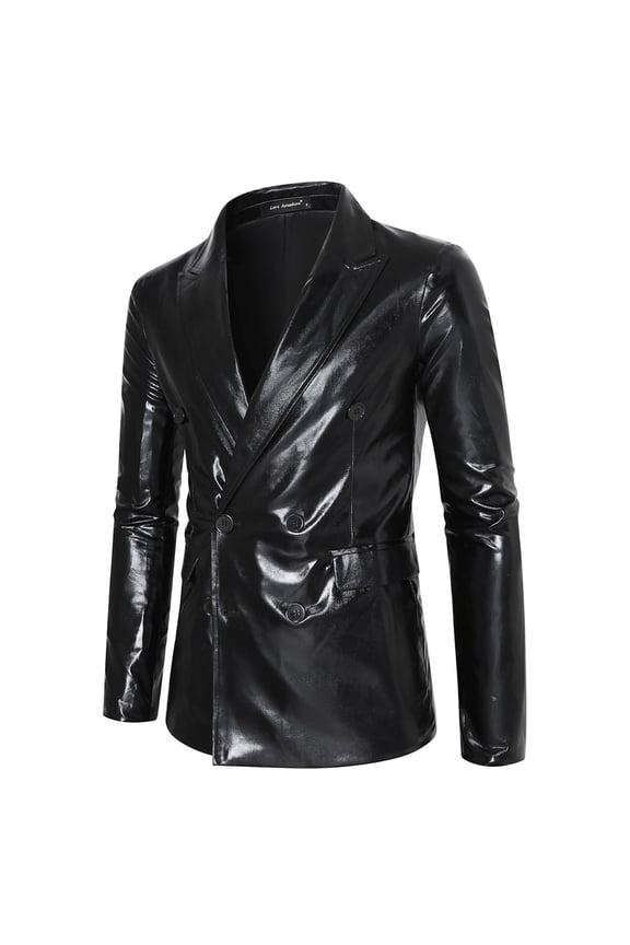 Mens Suit Jacket Shiny Double Suit for Casual Trend Leather Fashionable foreign Trade Coat Top,Size L