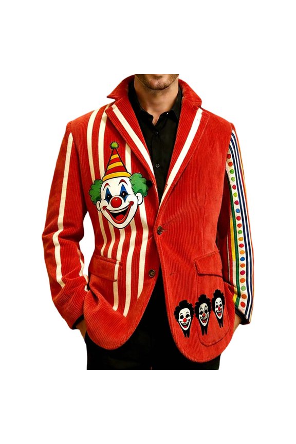 Mens Suit Jacket Velvet Corduroy with Circus Clown Print for Festive Casual Lightweight Sport Coat Daily Formal Outdoor Activities