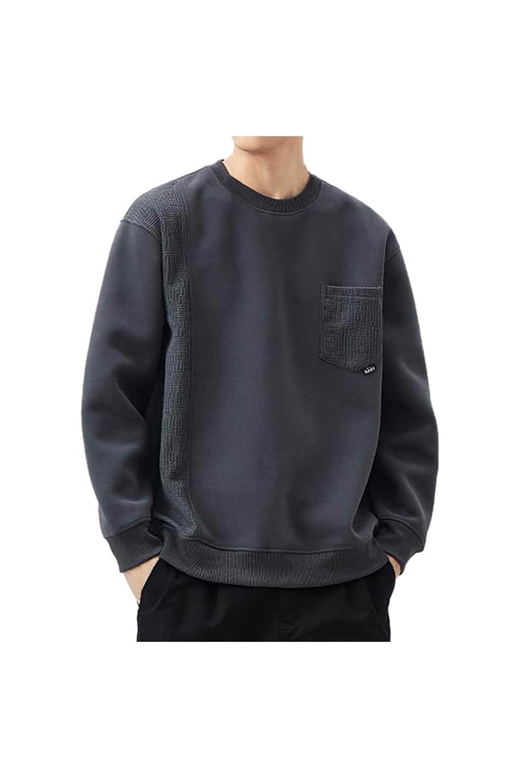 Mens Sweatshirt Autumn Winter Two Tone Patchwork Loose Crewneck Pullover Casual Chest Pocket Design Long Sleeved Pullover