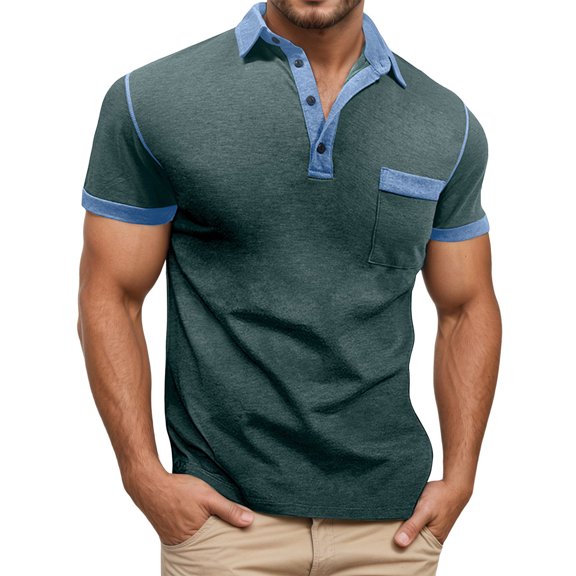 oqasdz Mens T Shirts Color Block Button Collar Short Sleeve Slim Fit Casual Breathable Comfortable Daily Wear Outdoor Hiking Tee Top