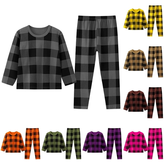 oqasdz Pajamas for Boys Classic Long Sleeve Pajama Set Plaid Print Pullover Top and Pajamas Pants Cozy Pjs for Kids Child Sleepwear Casual Snug Fit Clothing Set,Grey,Size 5 Y-6 Y