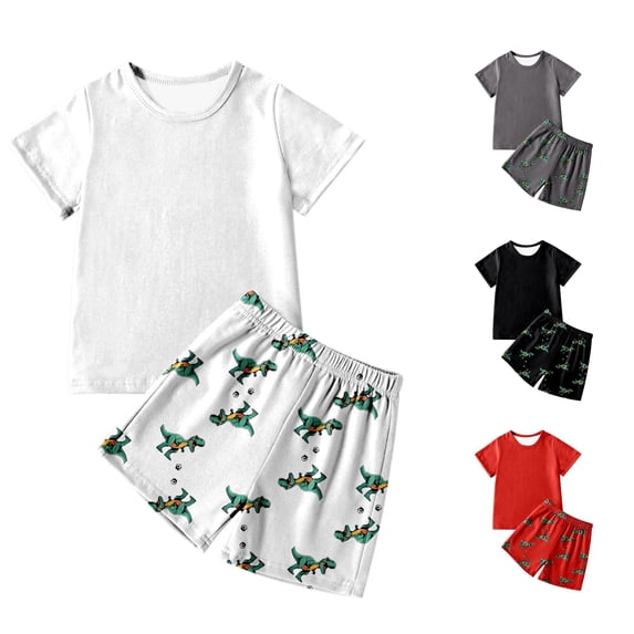 oqasdz Pajamas for Boys Toddler Boy Clothes Short Sleeve Dinosaur Print Shorts Set Summer Pjs for Kids Cotton Blend Daily Loungewear Soft Comfort Clothing Set,White,Size 5 Y-6 Y