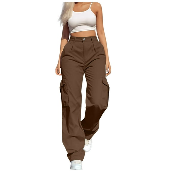 oqasdz Pants For Women Daily Casual Solid Color 4 Pockets Elastic Waist Pants Long Trousers Cargo Pants