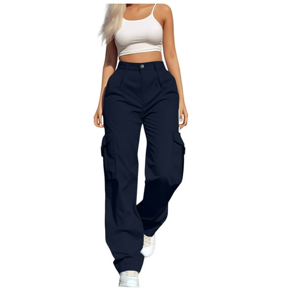 oqasdz Pants For Women Daily Casual Solid Color 4 Pockets Elastic Waist Pants Long Trousers Cargo Pants
