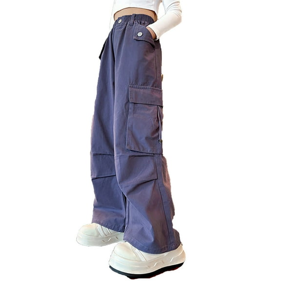 oqasdz Pants for Girls Cargo Trousers Elasticated Waist Cottonblend Baggy with Pockets for Kids Size 10 Y-11 Y