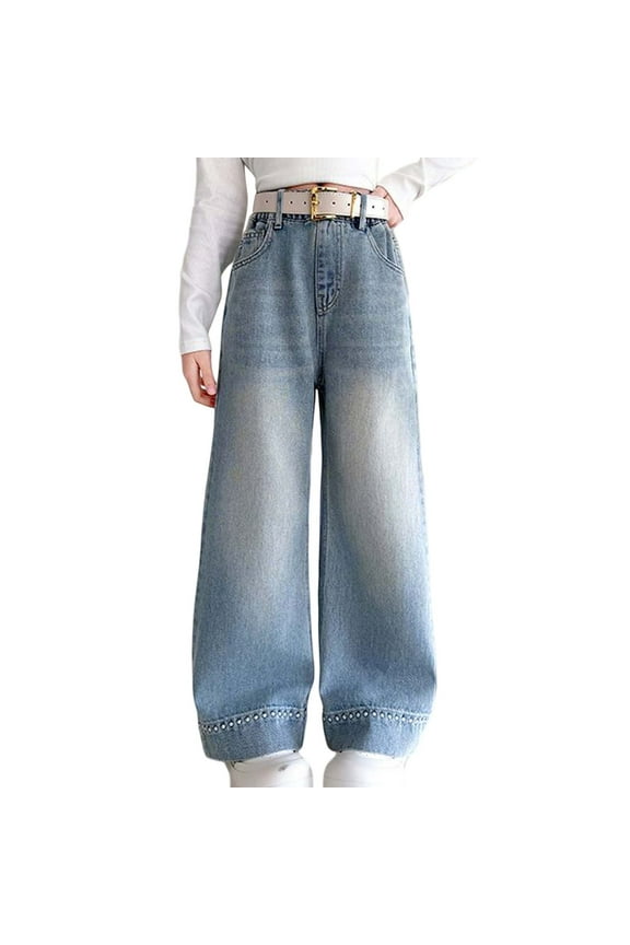 Pants for Girls Fashion Cute Personality Elastic Waist Wide Leg Jeans Casual Denim with Pockets Size 7 Y-8 Y