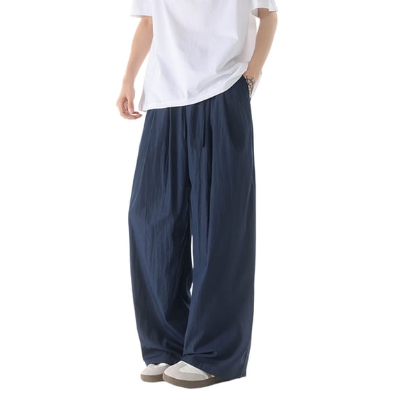 oqasdz Pants for Men Elastic Waist Solid Color Summer Fall Ice Silk Imitation Inen Drape Straight Wide Leg Mopping Pants Casual Versatile Dailywear