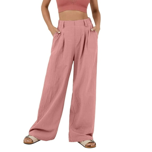 oqasdz Pants for Women High Waist Wide Leg Casual Pants Solid Color Corduroy Spliced Slit Hem Baggy Pants