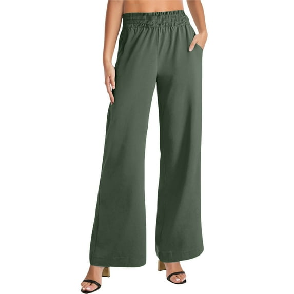 oqasdz Pants for Women Wide Leg Side Pockets Solid Color Elastic Waist Active Daily Fashion Casual Pants