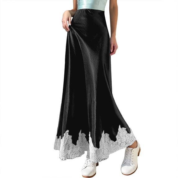 oqasdz Satin Skirts for Women with Allover Lace High Waist Elegant Bodycon Midi Length Flowy Draped Ladies Fashion Outdoor Streetwear