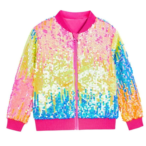 oqasdz Sequin Jackets Girls Colorful Long Sleeve Zip up Jacket for Kids Christmas Shiny Fashion Clothes Coat Outwear Size 6 Y-8 Y