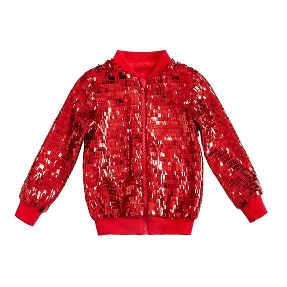 oqasdz Sequin Jackets Girls Solid Color Long Sleeve Zip up Jacket for Kids Christmas Shiny Fashion Clothes Coat Outwear Size 10 Y-12 Y