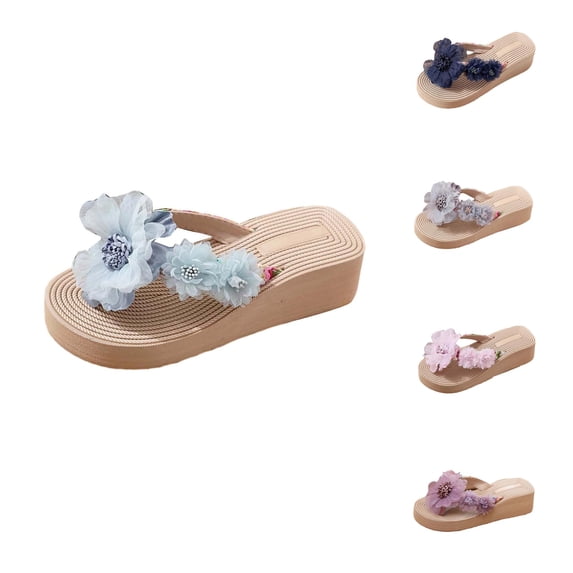 oqasdz Slippers for Women Elegant Summer Floral Design Soft Platform Beach Slip On Flip Flops with Thick Heel for Trendy Casual Wear,Blue