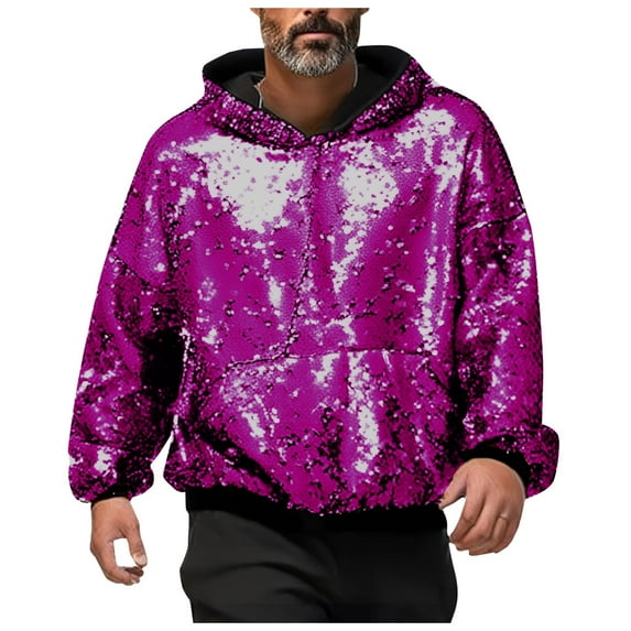 oqasdz Solid Color Long Sleeve Men Carnival Sequin Flip Over Special Trend Hooded Sweatshirt Casual Loose Fashion Business Sports Pullover Tops Breathable Male Dailywear