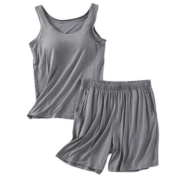 oqasdz Solid Color Pajamas For Women Two Piece Loungewear Casual Tank Tops & Shorts Sleepwear PJ Sets With Built In Bra Leisure Female Homewear
