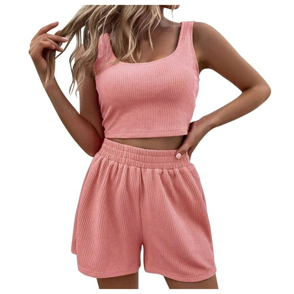 oqasdz Solid Color Two Piece Outfits Women Summer Tank Tops Shorts Sets 2PCS Sleeveless Matching Crop Tops And High Waisted Shorts For Women Lovely Female Dailywear