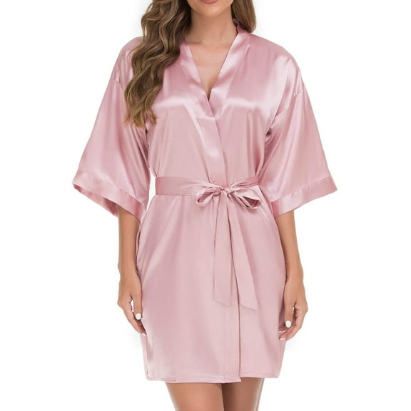 oqasdz Solid Color Women Short Kimono Robe Silky Satin Bathrobe Bride Bridesmaids Getting Ready Sleepwear Soft Nightgown Cozy Female Dailywear