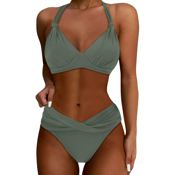 oqasdz Solid Color Women Two Piece Bathing Suits Push Up Bikini Sets Swimsuit Vintage Swimwear Classic Female Beachwear