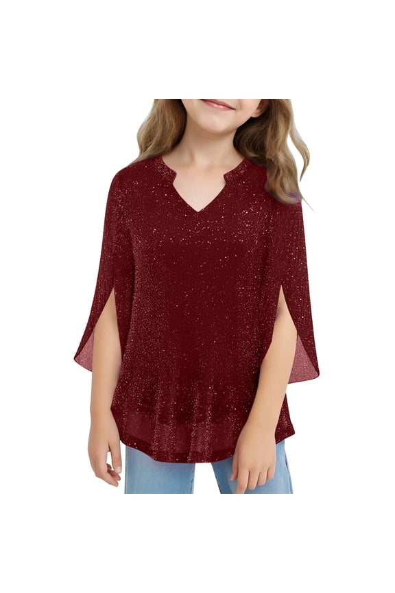 Sparkling Girls Solid Color V Neck Threads and Mesh Layered Long Sleeve Shirt Blouse for Teen Stretch Loose Performance Casual Outdoor