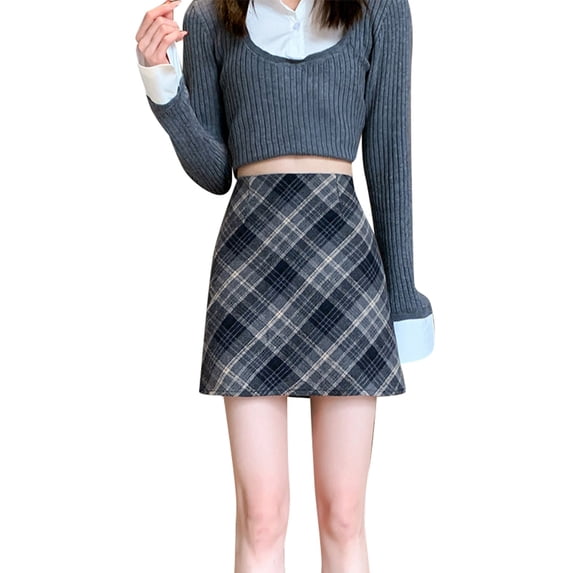 oqasdz Spring Fall Plaid Skirts for Women High Waist Slim Fit Mini Blend Bodycon Fashionable Tartan Skirt with Pockets Casual Formal Wear