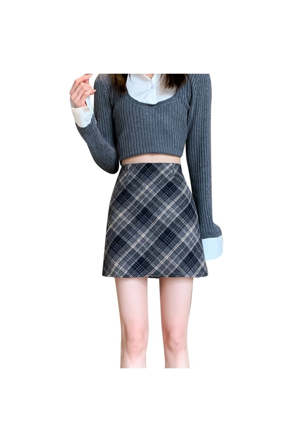 Spring Fall Plaid Skirts for Women High Waist Slim Fit Mini Blend Bodycon Fashionable Tartan Skirt with Pockets Casual Formal Wear