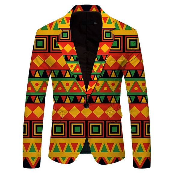 oqasdz Suit Jacket for Men National Style Stylish Printed Pocket Buttons Down Long Sleeve Business Party Coat Top,Size L