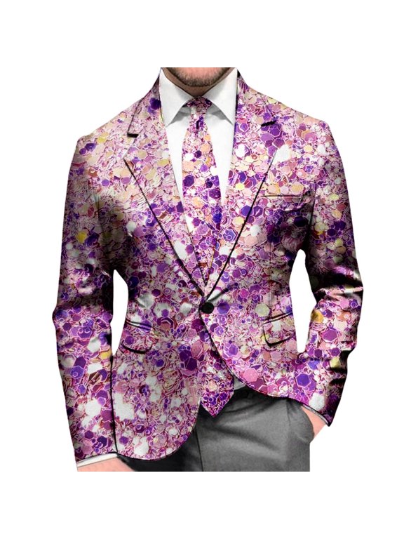 Suit Jacket for Men Sequin Print Long Sleeve Jacket Modern Tuxedo Alternative Stretch Slim Fit Dress Coat Travel Party Business Formal