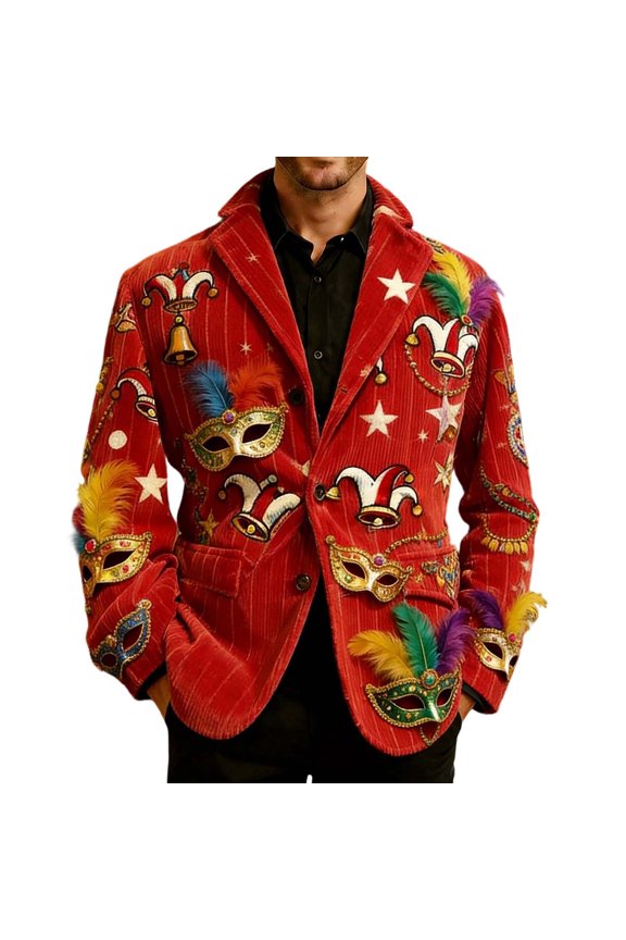 Suit Jacket for Men Velvet Corduroy with Circus Clown Print Festive Tailored Stylish Comfort Fit Sport Coat Formal Outdoor Activities