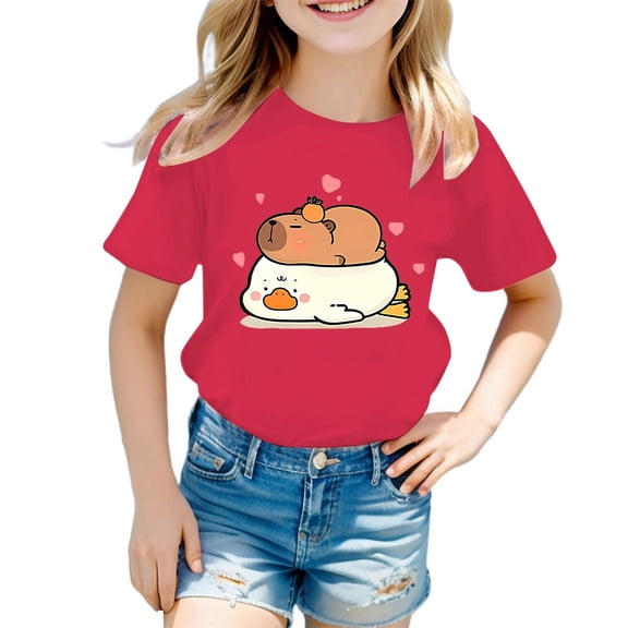 oqasdz Summer Boys Girls Round Neck Cartoon Animal Print Casual Loose Short Sleeve T Shirt Tee Tops, Size 12-14 Years