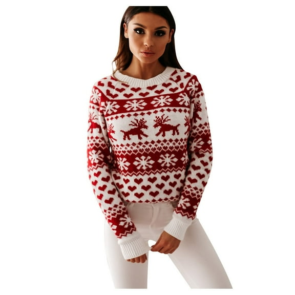 oqasdz Sweaters for Women Christmas O Neck Elk Snowflake Prints Xmas Pullover Sweater Knitted Tops Blouse Holiday Party Casual Cozy Soft
