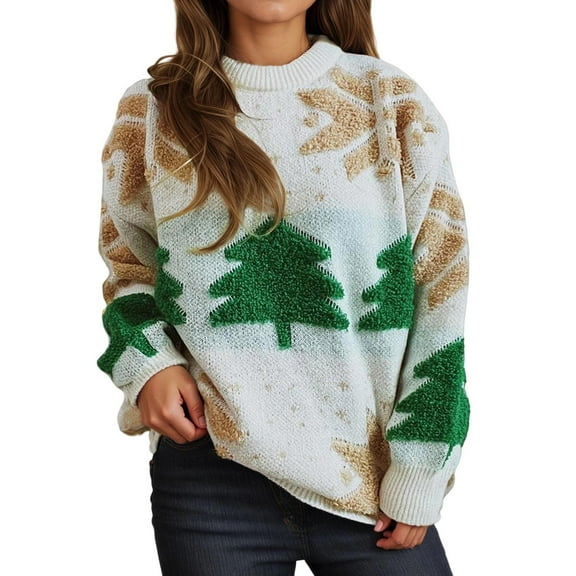 oqasdz Sweaters for Women Christmas Oversized Crewneck Knit Long Sleeve Xmas Embroidered Pullover Sweaters Fashion Fall Winter Warm Casual Cozy
