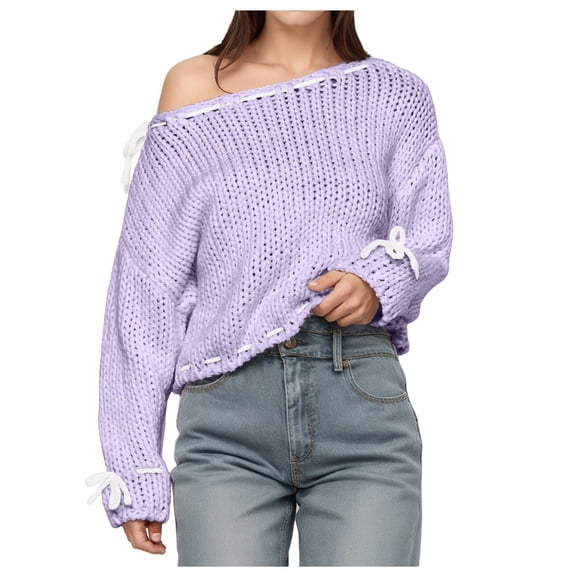 oqasdz Sweaters for Women Cute Long Sleeve Off The Shoulder Knit Hollow Pullover Sweaters Fashion Elegant Outwear Casual Relaxed Fit