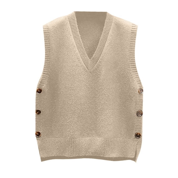 oqasdz Sweaters for Women Lined Deep V Neck Sleeveless Solid Color Button Side Fashion Thermal Underwear Sweaters Vest Casual Loose Fit