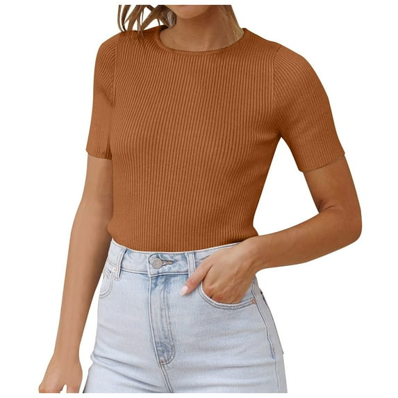 oqasdz Sweaters for Women Short Sleeve Crewneck T Shirt Summer Ribbed Knit Slim Fit Basic Solid Color Tee Tops Casual Cozy Daily Wear