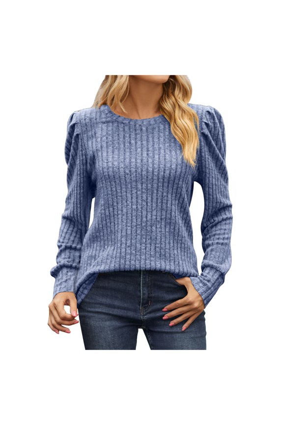 Sweaters for Women Solid Color Round Neck Bubble Shoulder Long Sleeve Thermal Sweaters Top Fashion Outwear Casual Cozy Daily Wear