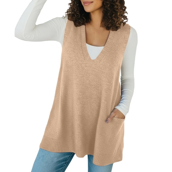 oqasdz Sweaters for Women V Neck Knit Sleeveless Long Sweaters Vest with Pocket Fall Winter Pullover Warm Fashion Top Casual Cozy Soft