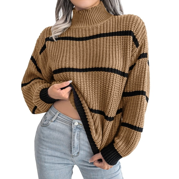 oqasdz Sweaters for Women Winter Oversized Long Sleeve Striped Sweater Turtleneck Side Split Tunic Pullover Jumper Knit Tops Casual Loose Fit