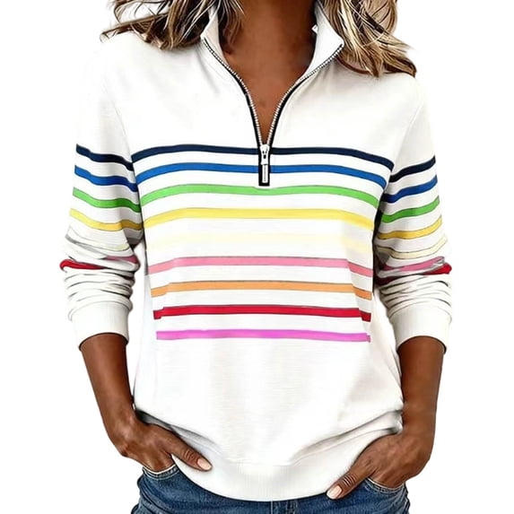 oqasdz Sweatshirts for Women Striped Print Half Zip Pullover Long Sleeve Fall Formal Business Top Durable Soft Casual Outdoor
