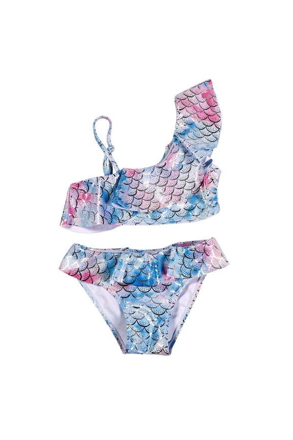 Swimsuit for Girls 2 Piece Ruffles Asymmetrical Straps Bathing Suits Stylish Soft Cozy Bikini Set for Summer Beach Pool Swimwear