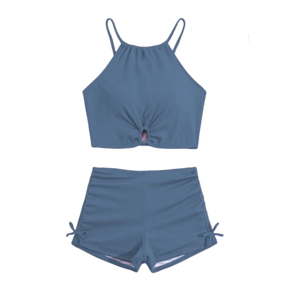 oqasdz Swimsuit for Girls Halter Neck Solid Color Tankini Top and Shorts 2 Piece Stretchy Swimwear for Kids Youth Summer Water Park