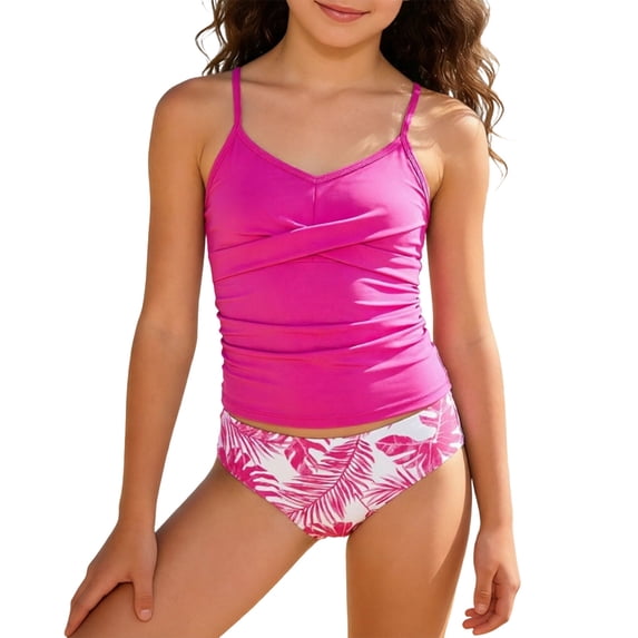 oqasdz Swimsuit for Girls Kids Youth 2 Piece Bathing Suit Ruched Tankini Sets Floral Printed Stretchy Soft Swimwear Summer Beach Pool