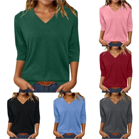 oqasdz T Shirts for Women Elegant V Neck Three Quarter Sleeve Knit Solid Color Tunic Top Loose Fit Blouse Casual Fashion Clothes T-Shirts,Dark Green,M