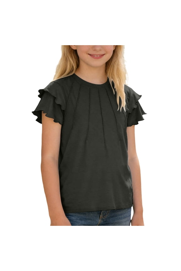T Shirts for Girls Solid Color Short Sleeve Casual Summer Top with Ruffle Hem and Pull String Detail Tee Outdoor T-Shirt