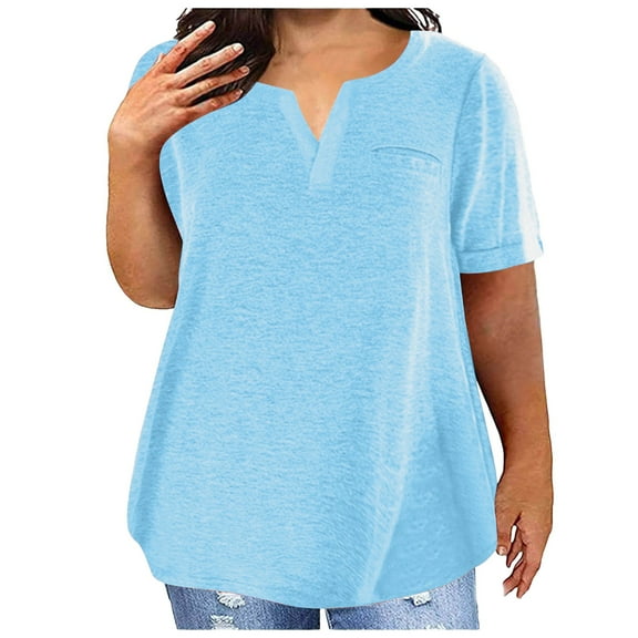 oqasdz T Shirts for Women Short Sleeve Solid Color Plus Size V-neck Fashion Pocket Loose Casual Comfortable Tee with Pocket