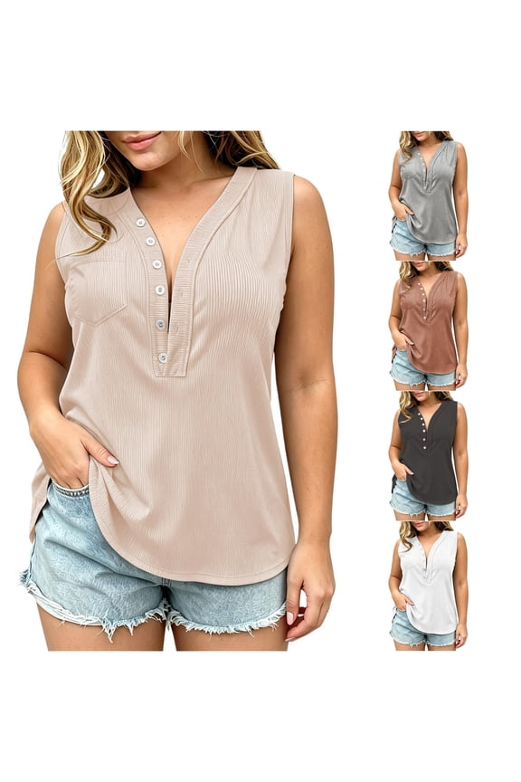 Tank Tops for Women Elegant Solid Color Sleeveless Deep V Neck Ribbed Button Front Pocket Tank Shirt with Surplice Design Casual Outdoor,Beige,2XL