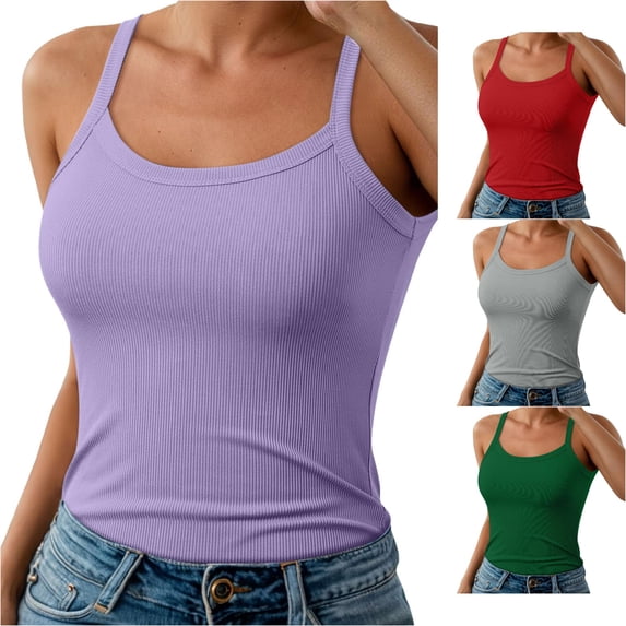 oqasdz Tank Tops for Women Strappy Sleeveless Camisole Top Stretchy Fit Solid Color Basic Undershirt for Comfortable Daily Wear Casual Summer,Purple,M