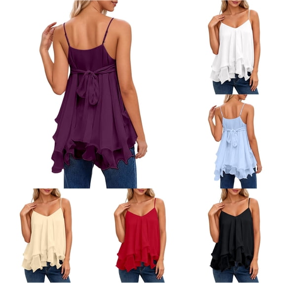 oqasdz Tank Tops for Women V Neck Layered Ruffle Spaghetti Straps Sleeveless Flowy Dress Camisole Top Solid Color Fashion Clothing Summer Outdoor,Purple,L