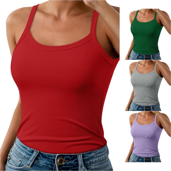 oqasdz Tank Tops for Women Strappy Sleeveless Camisole Top Stretchy Fit Solid Color Basic Undershirt for Comfortable Daily Wear Casual Summer,Red,L